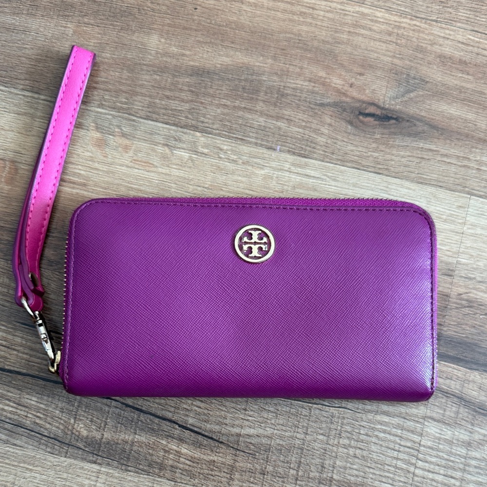 Tory Burch Magenta Leather Zip-Around Wristlet Wallet with Gold Logo